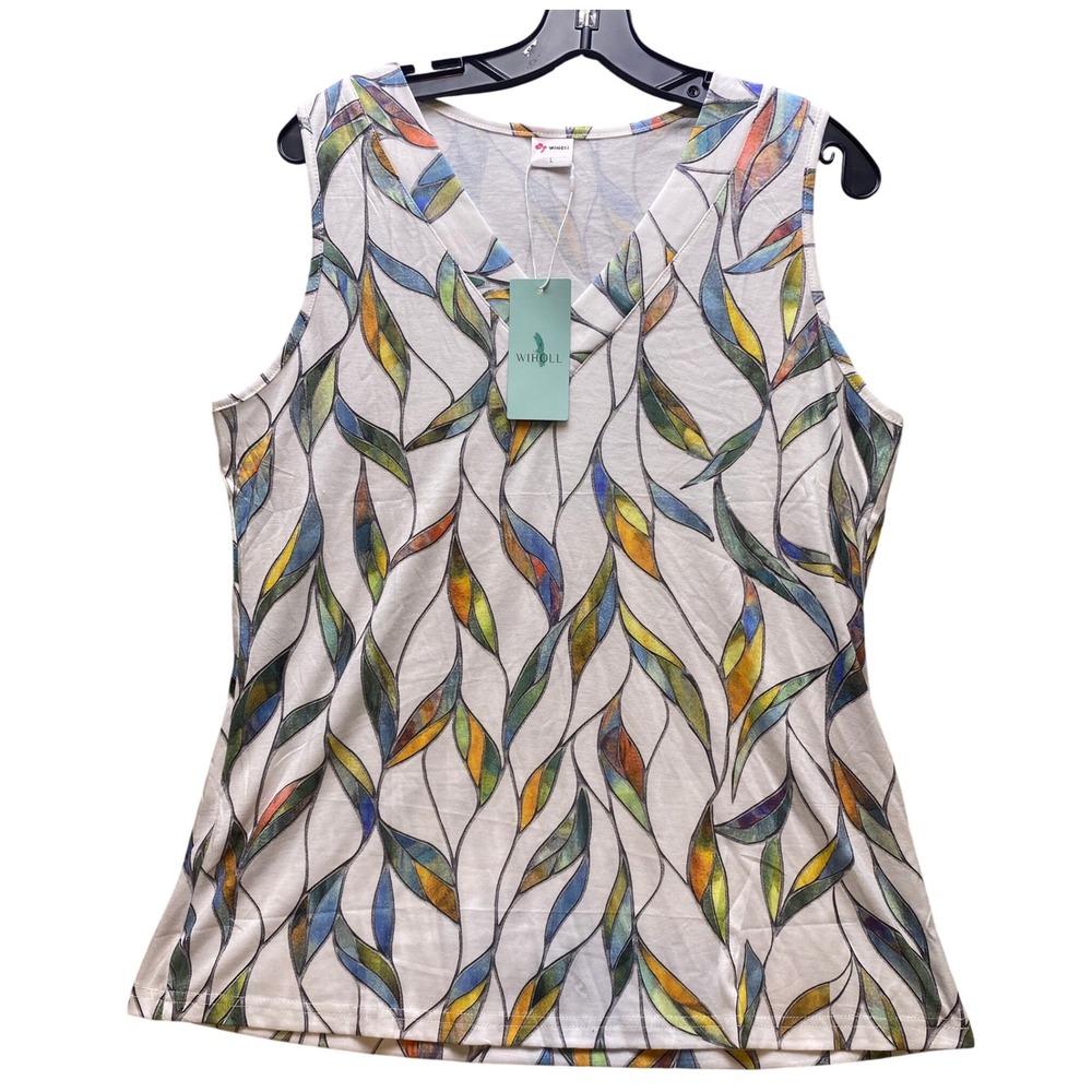Wiholl Tank‎ Womens Large Leaf Sleeveless V-Neck Rainbow Leaf Nature AOP NWT